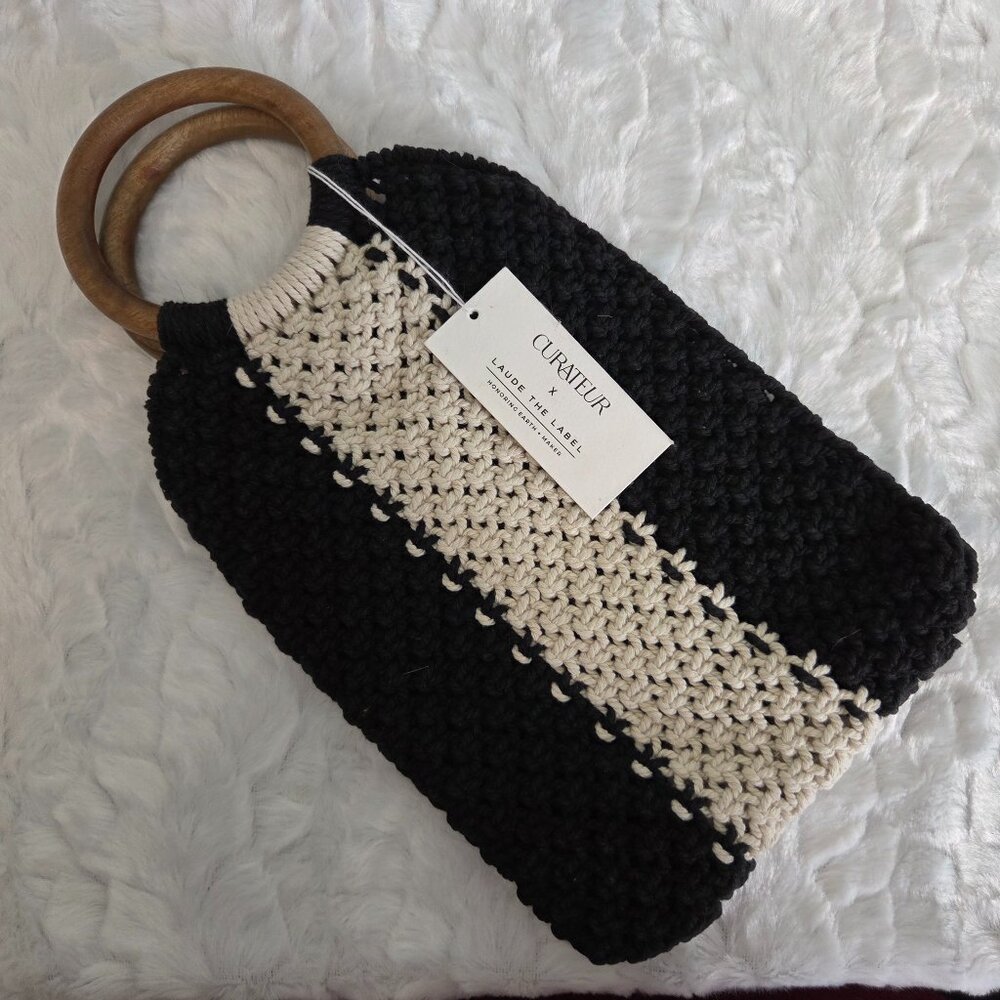 Macrame Bag Laude The Label The Gabby Purse Black Handwoven Wooden Handles NWT